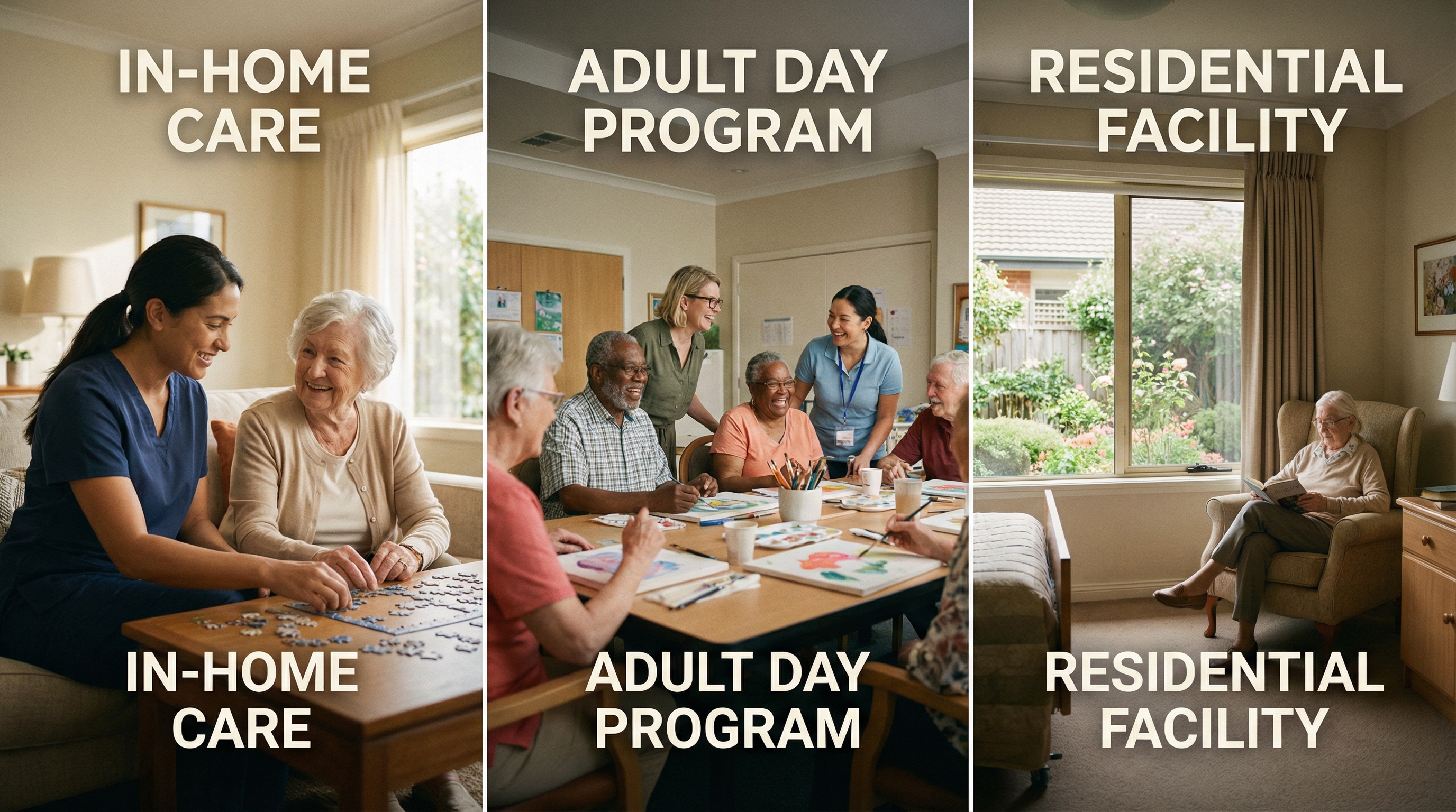 Comparison of different respite care settings including in-home care, day programs, and residential facilities